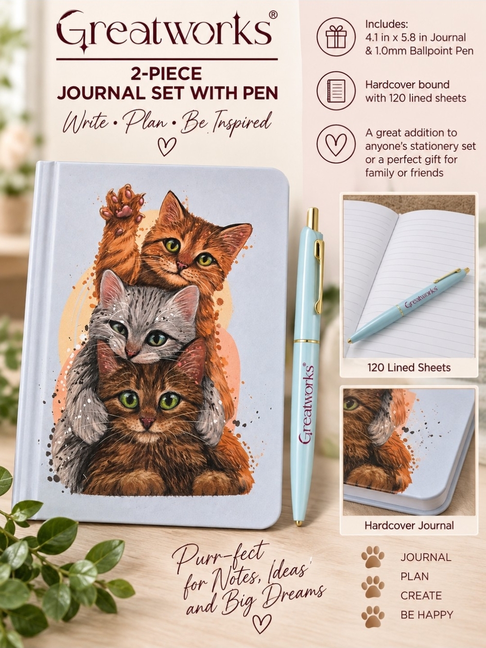 Cat Journal Set with Pen - Light Blue Hardcover